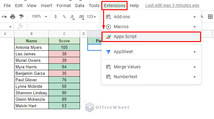 navigating to the apps script option from the extensions tab in google sheets