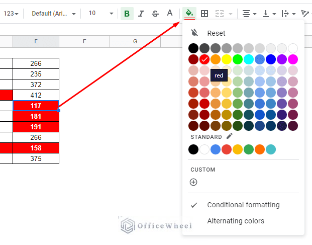 the fill color palette showing the red color in google sheets