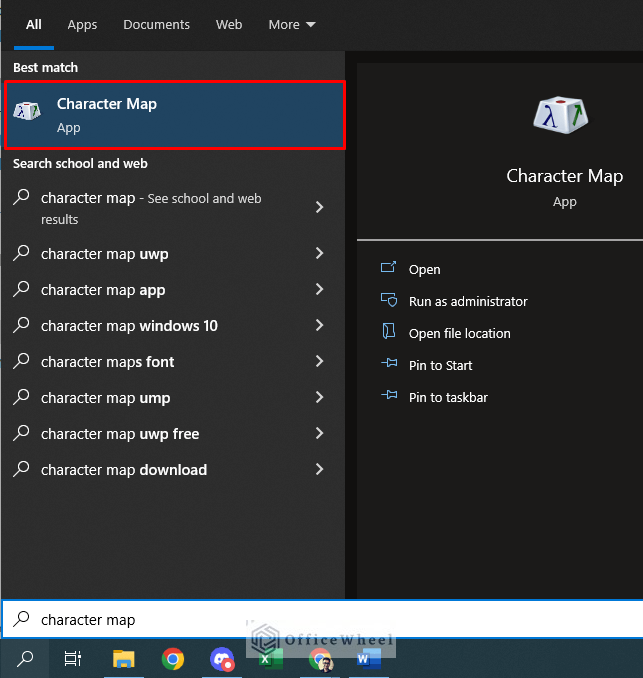 search for character map in windows search bar