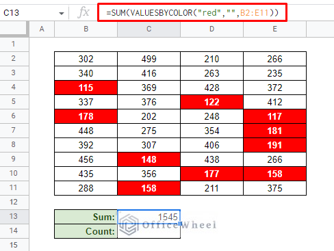 if cell color is red then sum in google sheets using valuesbycolor function