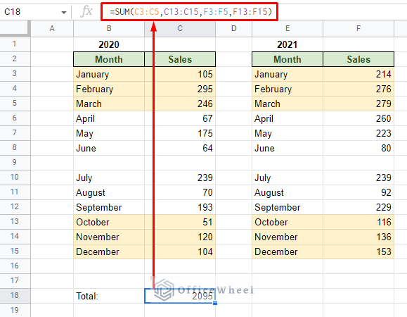 adding multiple column ranges to sum in google sheets