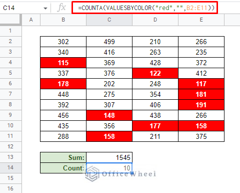 if cell color is red then count in google sheets using valuesbycolor function