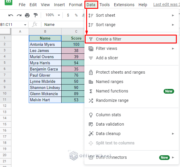 navigating to create a filter from the data tab in google sheets