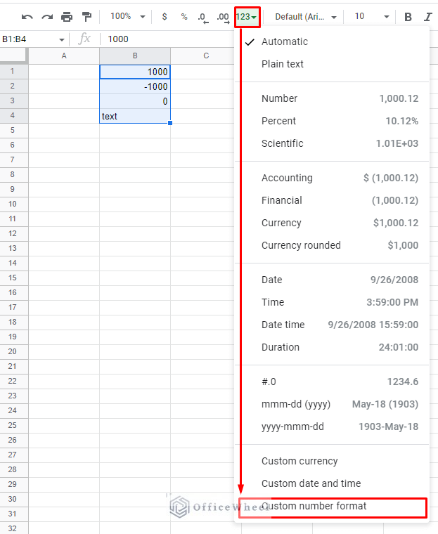 the custom number format option in the more formats menu in google sheets