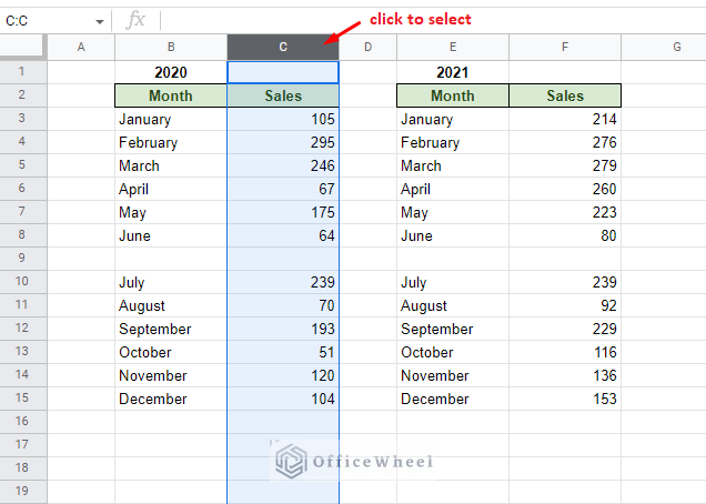 click column number to select the entire column in google sheets