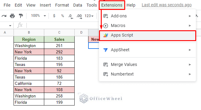 navigating to the apps script option from the extensions tab