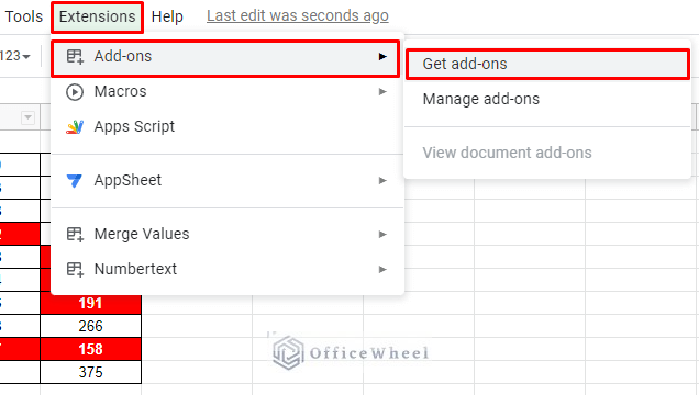 navigating to get add-ons option from the extensions tab in google sheets