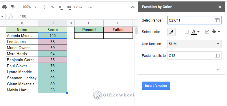 the function by color add-on window in google sheets