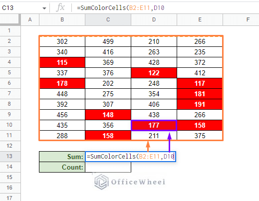 applying the newly created sumcolorcells function
