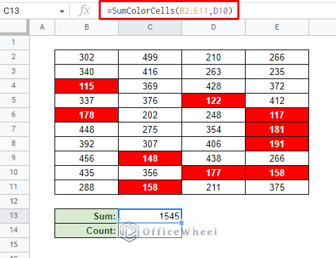 if cell color is red then sum in google sheets using sumcolorcells function created by apps script