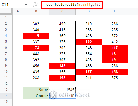 if cell color is red then count in google sheets using sumcolorcells function created by apps script