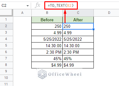 convert number to text in google sheets using the to_text function