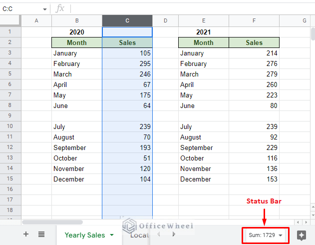 the status bar at the bottom right of the google sheets window shows the sum of selected cells