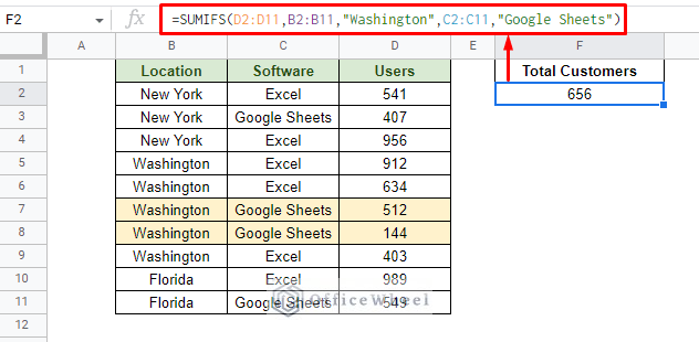sum for multiple conditions in different columns in google sheets using sumifs function