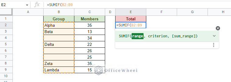 opening the sumif function and setting the range for the criterion
