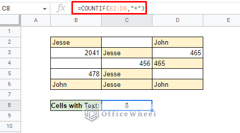 sum all instances of text cells in google sheets with countif function