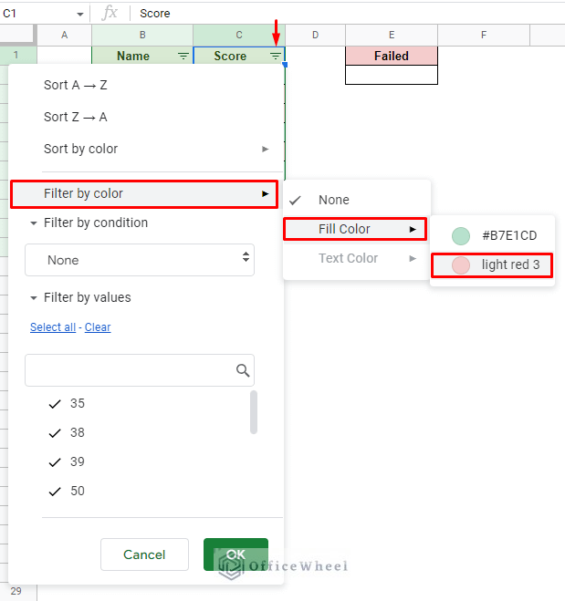 selecting the filter by color option filter in google sheets