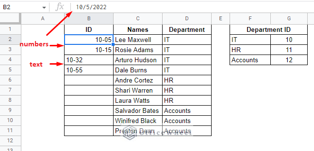 some number inputs and arrangements can be deciphered as different data types in google sheets