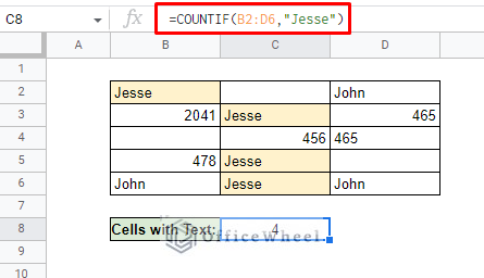 sum cells with specific text jesse in google sheets with countif function
