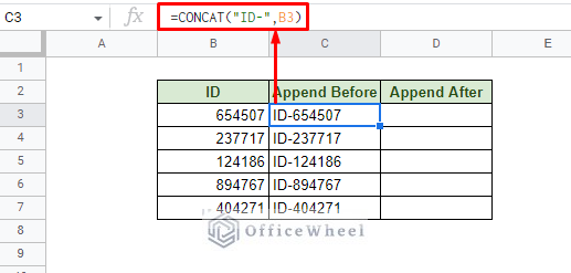 append text before value in google sheets with concat function