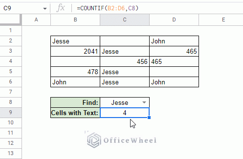 sum cells with specific text in google sheets with countif function animated