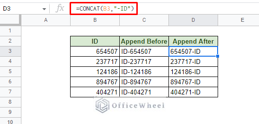 append text after value in google sheets with concat function