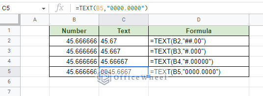 examples of converting decimal numbers to different text in google sheets with text function