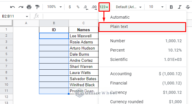 the plain text format changes the cell format to output only text values in google sheets