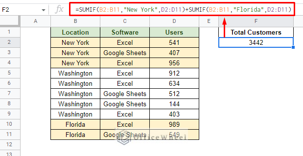 sum if there are multiple or conditions in google sheets with sumif function