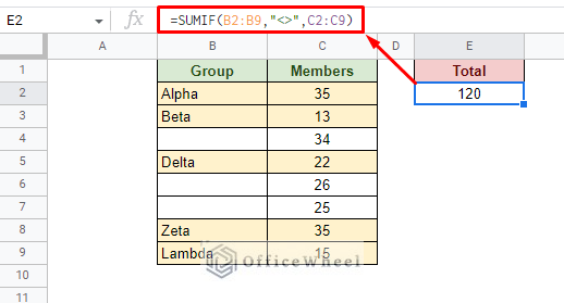 sum if cell not blank in google sheets with sumif function