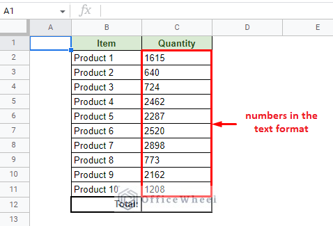 sample dataset where the numbers are formatted as text
