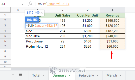 selecting the revenue column from the january worksheet for sum