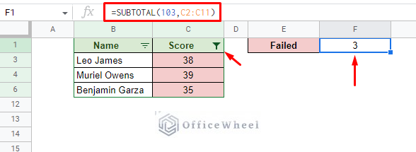 using subtotal and filter to count cells with color in google sheets