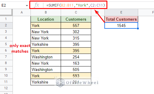 sum of all cells with exact text match york in google sheets with sumif function