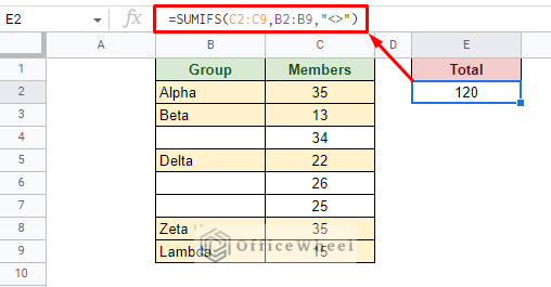 sum if cell is not blank in google sheets with the sumifs function
