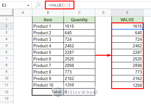 the value function extracts the number value from a number formatted as text