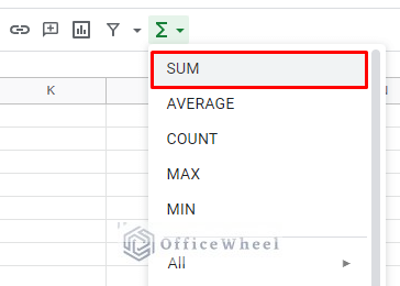 the function menu has all common functions like sum listed at the top in google sheets