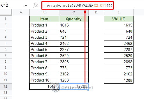sum cells where the numbers are formatted as text in google sheets using value and sum functions