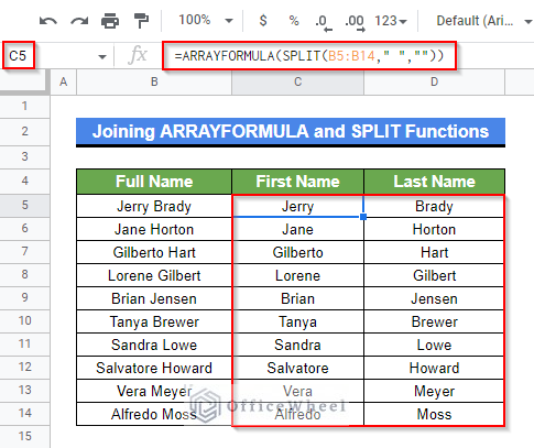 Joining ARRAYFORMULA and SPLIT Functions to Split cells from a range in Google Sheets