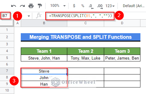 Merging TRANSPOSE and SPLIT functions to split a cell vertically in Google Sheets