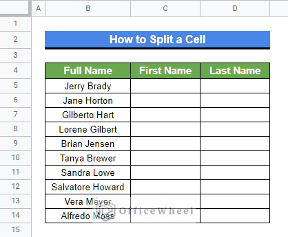 Dataset used for demonstrating how to split a cell in Google Sheets