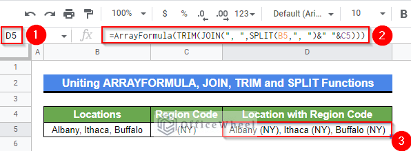 Final output after adding suffix to text values in a string by uniting ARRAYFORMULA, JOIN, TRIM and SPLIT functions