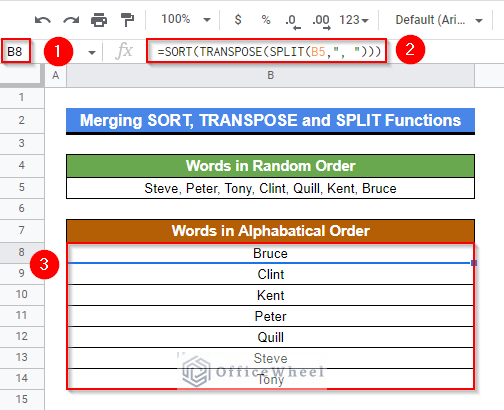 Merging SORT, TRANSPOSE and SPLIT functions to rearrange words in alphabetical order