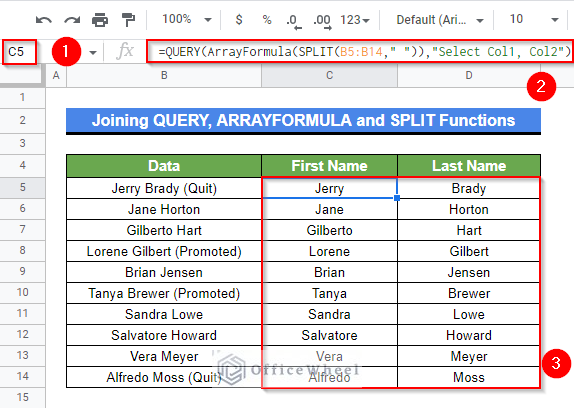 Final result after joining QUERY, ARRAYFORMULA and SPLIT functions to allow limited cells while splitting a cell in Google Sheets