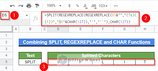 Combining SPLIT, REGEXREPLACE and CHAR functions to split a word into letters