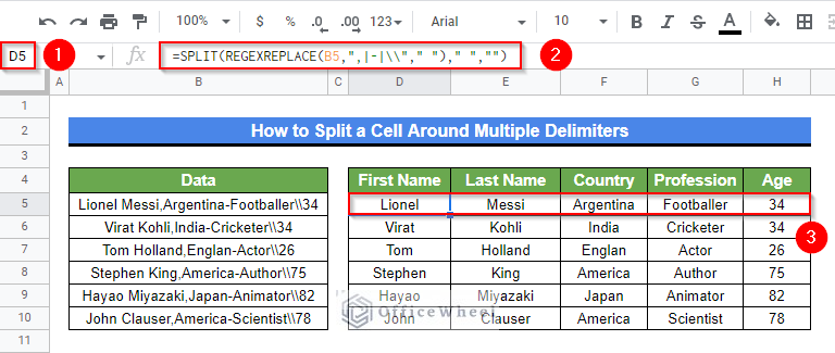 Final Output after joining SPLIT and REGEXREPLACE functions to split a cell around multiple delimiters in Google Sheets