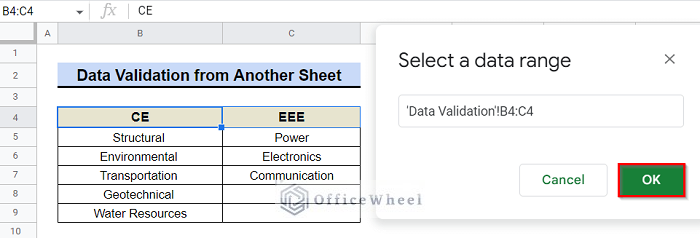 Select Data Range to Create Drop-Down List for Data Validation from Another Sheet in Google Sheets