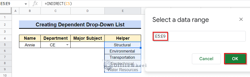 Select Data Range to Create Dependent Drop-Down List for Data Validation from Another Sheet in Google Sheets
