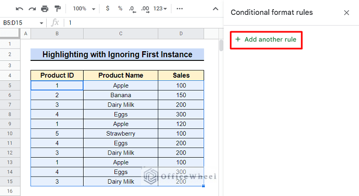 Highlight Duplicates ignoring the first instance in Google Sheets
