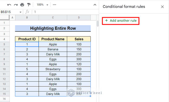 Highlight entire row if duplicates are in one column in Google Sheets